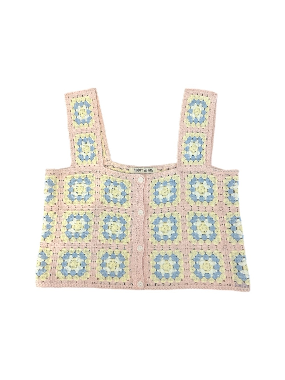 Pink Crochet Button-Front Tank with Blue & Yellow Squares (size small)
